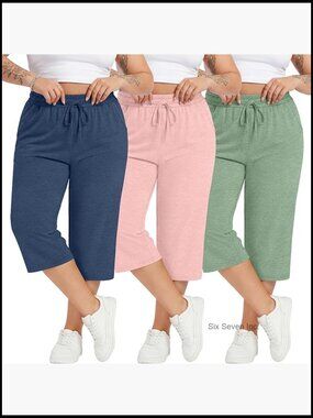 Plus Size Cotton Capris Stretchy Wide Leg Cropped Pants with Pockets Lounge